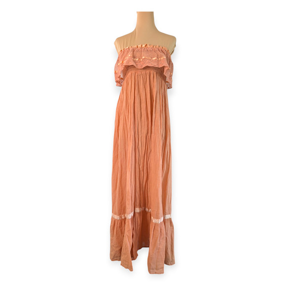 Vintage 70s Festival Maxi Gown ~ Apricot Ruffle Strapless - Picture 1 of 7